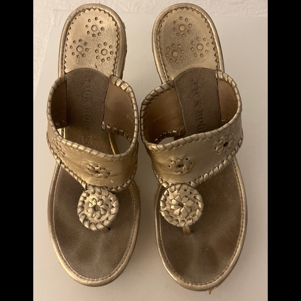 Jack Rogers RESORT Gold Thong High Wedges, Size 8 1/2